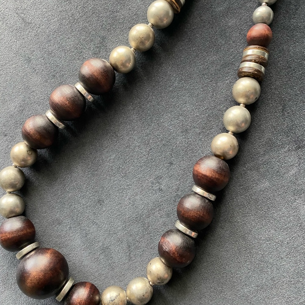 Vintage looking wood and silver bead necklace